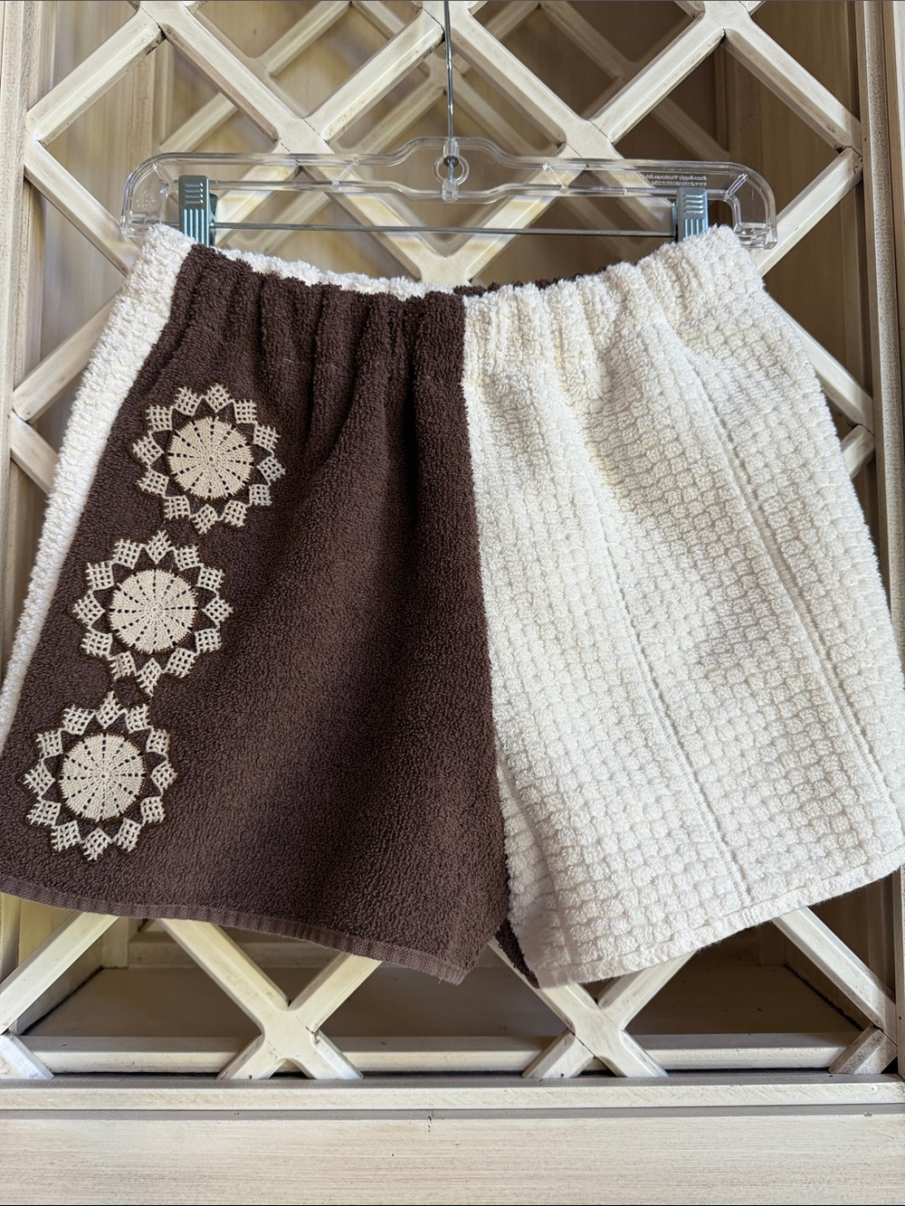 Colorblock Brown & Cream Women's Surf Shorts with Crochet Detail